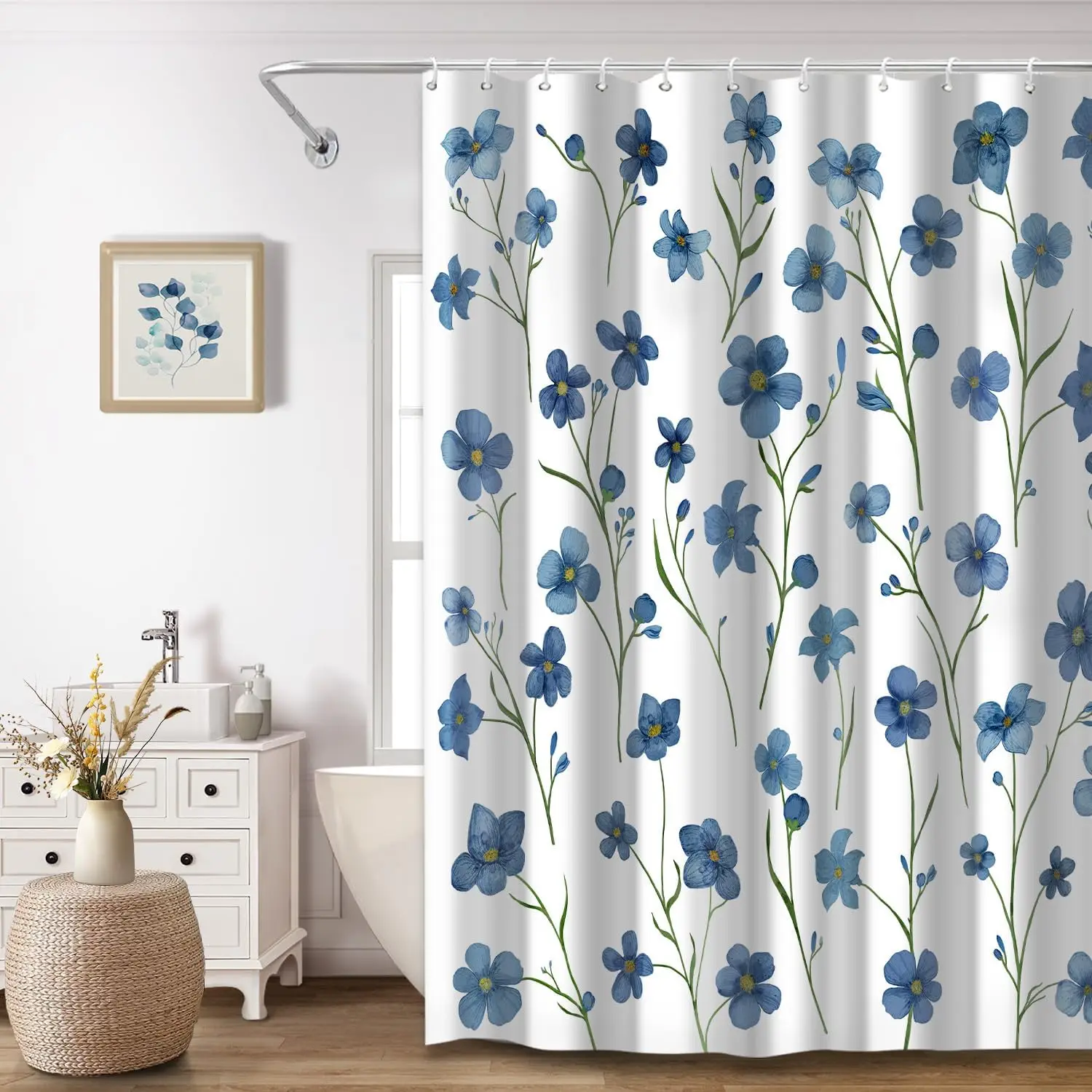 Extra Long Floral Shower Curtain, Navy Blue Spring Flower Watercolor Modern Bathroom Curtains with 12 Hooks, 72 x 84 Inches