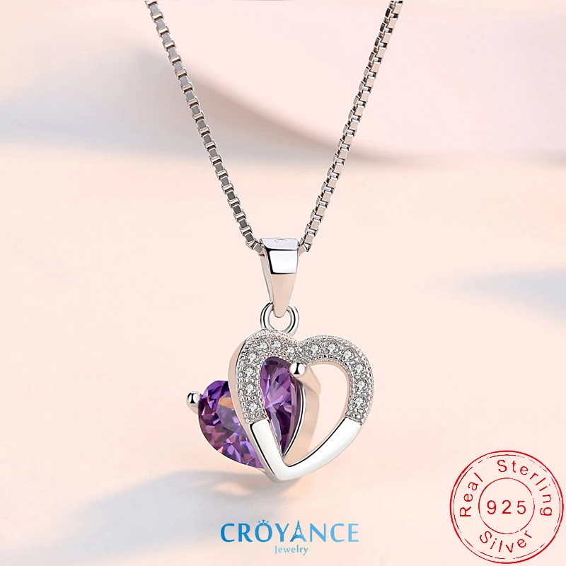 925 Sterling Silver Purple AAA Cubic Zirconia Fine Double Heart Pendant Necklaces Women Jewelry Birthday Gift Length Adjustable