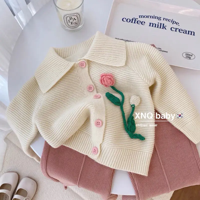 

Coats Girls Autumn Season Pink Knitting Sweater Baby Cardigan Princess Style Childrens Clothing Striped Soild Cotton Loose