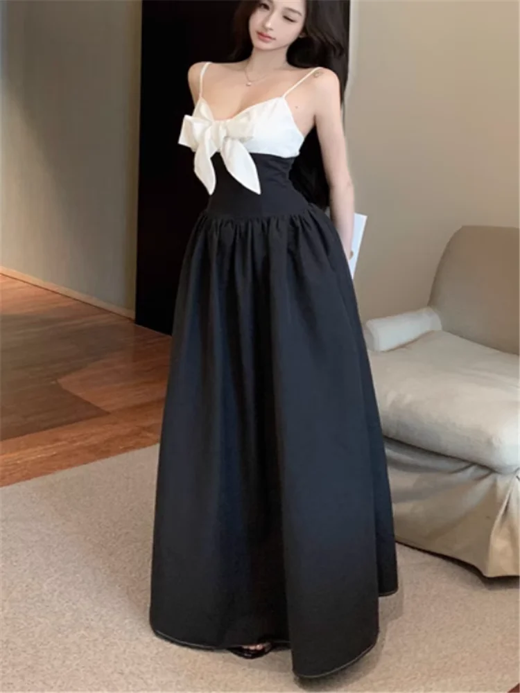 

Hepburn Style Color Contrast Big Bow Straps Black Long Dress Summer Patchwork Slash Neck High Waist A Line Slip Dress Vestidos