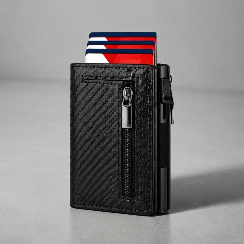 D5BB Aluminum Alloy Card Holders Organizers with PU Exterior and Popping up Access