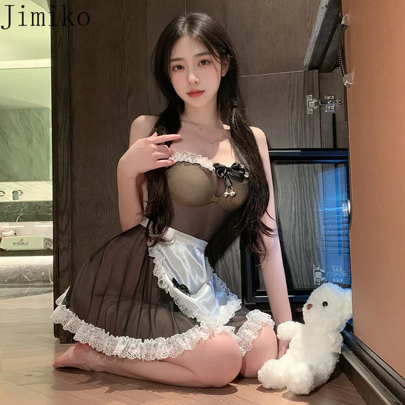 Jimiko Maid Dress Black Stretch Mesh Nightgown Role Play Maid Uniforms sexy movies hot Outfits Costumes Adult Latex sexy women