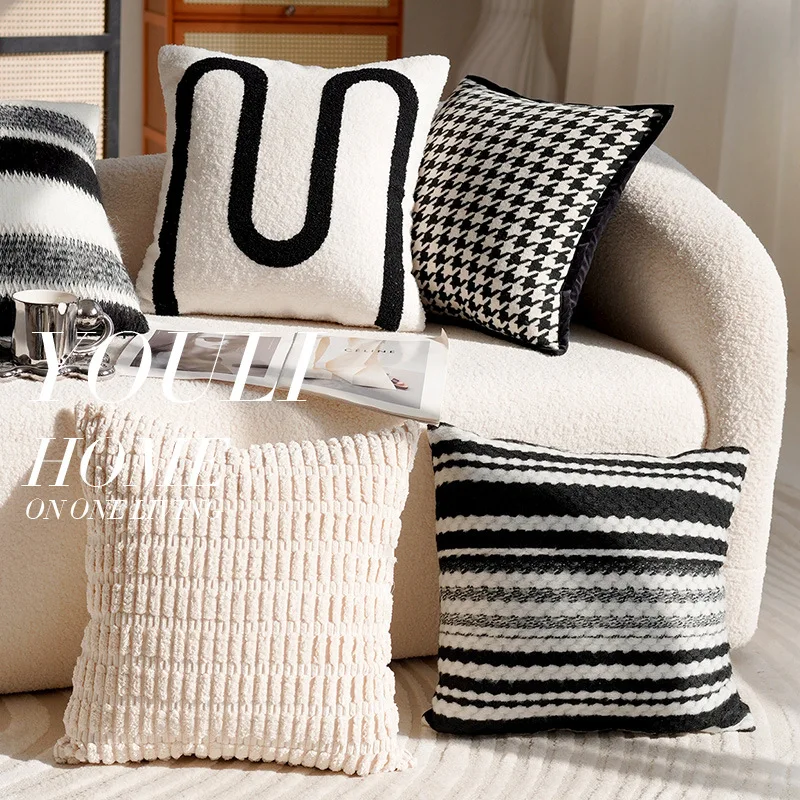 Black and white modern minimalist style Teddy velvet cushion cover solid color striped fabric sofa cushion cover