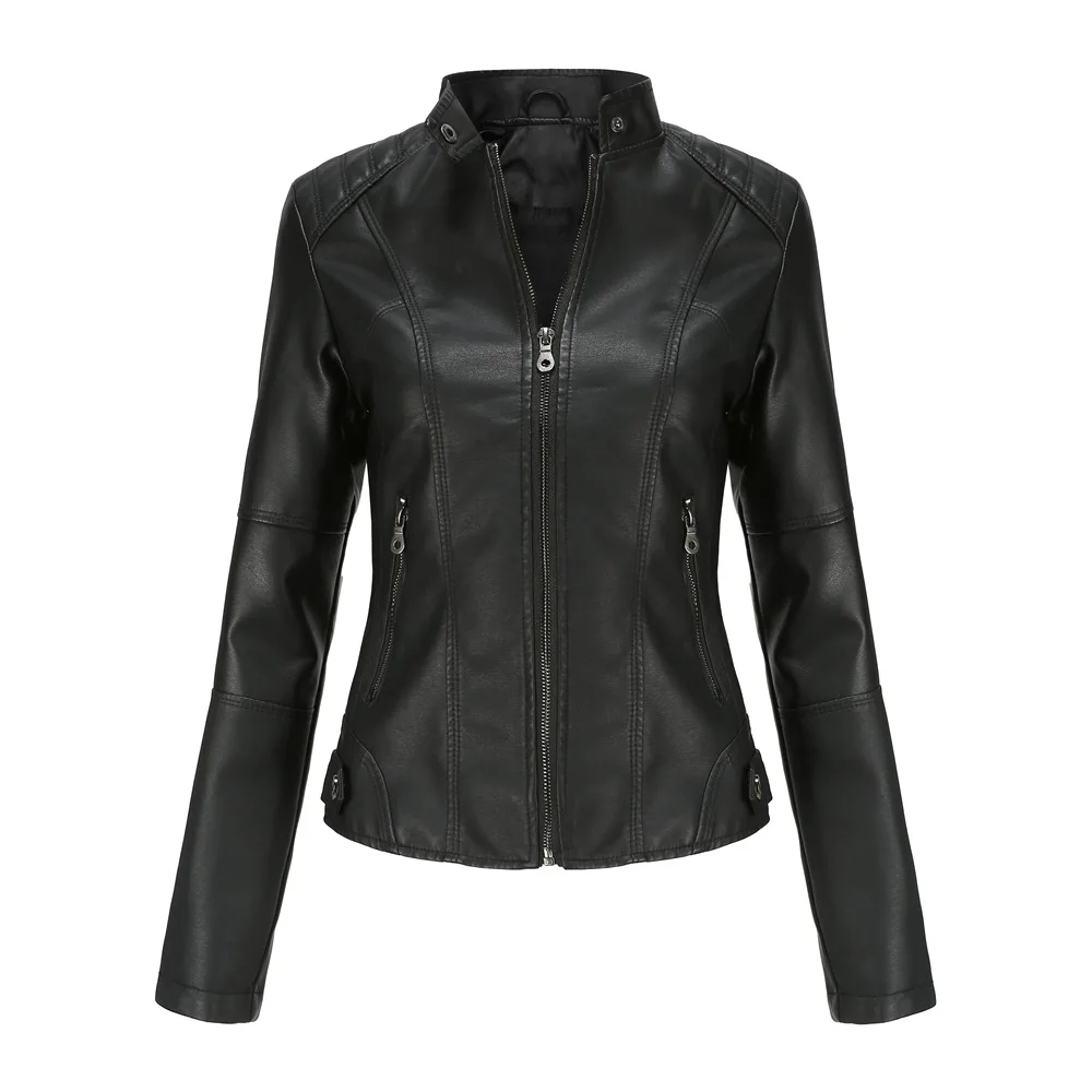 Women's Slim Fit Leather Jacket with Motorcycle Suit, Large Standing Collar, Autumn Black Zipper Outdoor Leather Windproof Top