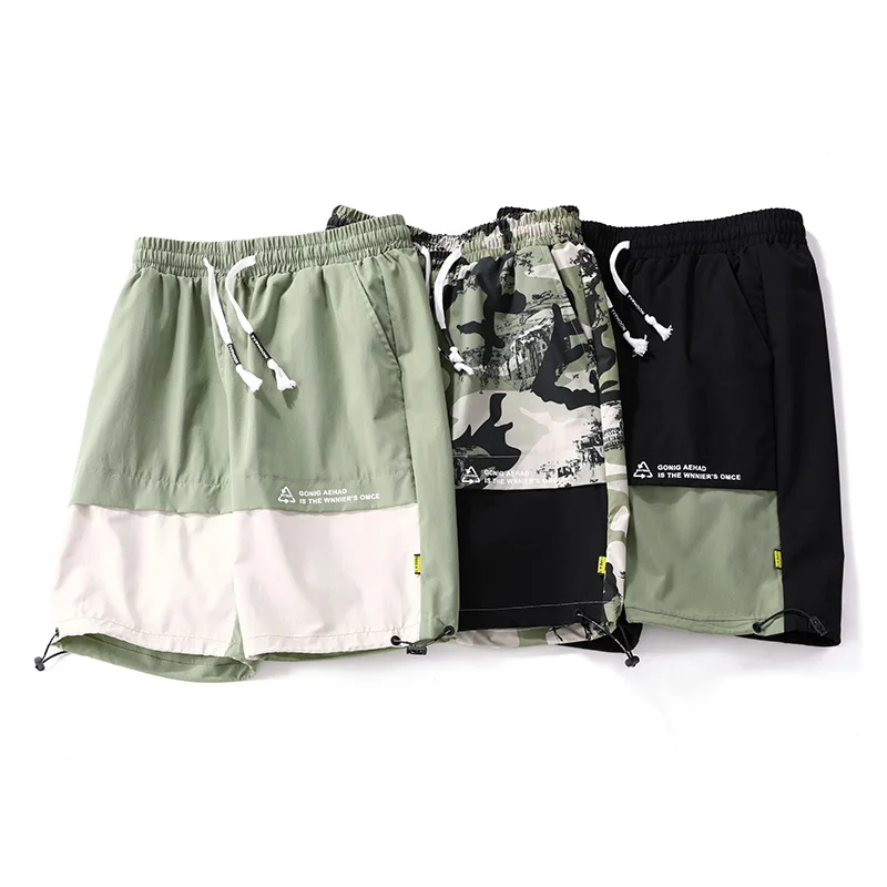 Summer Stylish Patchwork Casual Shorts Youthful Vitality Contrasting Colors Men's Clothing Elastic Drawstring Loose Knee Pants