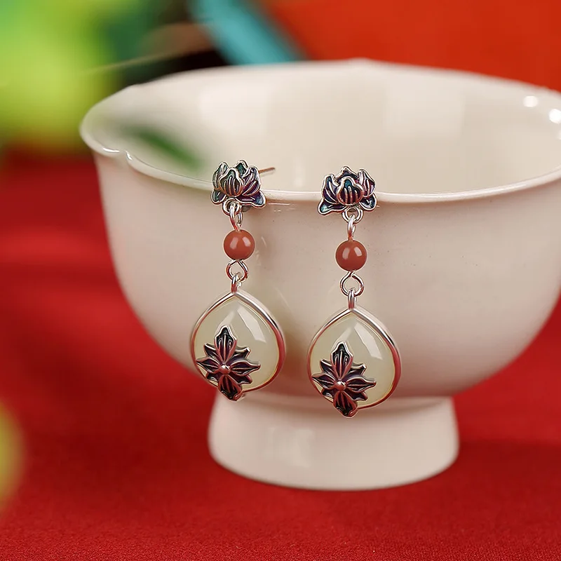 S925 Silver South Red Agate And Hetian Jade New Enamel Stud Earrings With Style Dangle Design