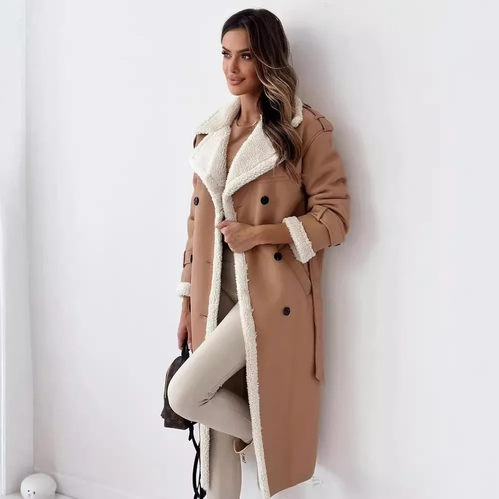 Autumn Winter New Fashion Faux Leather Woolen Coats Women Solid Color Turn-down Collar Mid-length Jacket with Belt Warm Overcoat