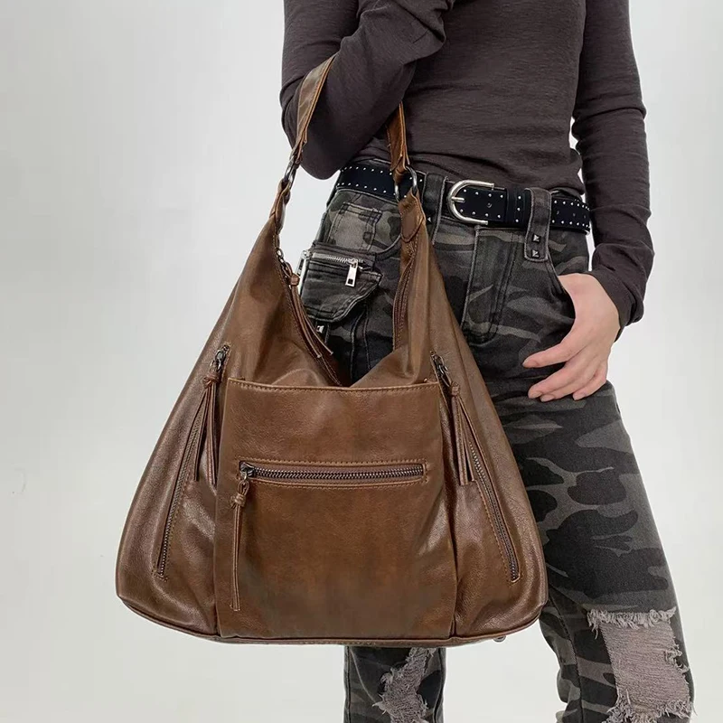 

Richme Vintage Maillard Women's Bag 2025 Large Capacity Punk Moto Style Y2K Tote Bags Female PU Crossbody Shoulder Bolso Mujer