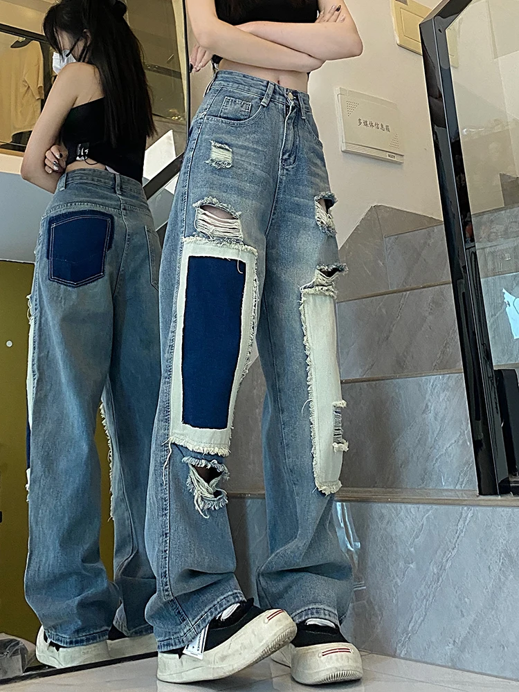 Vintage Women Patchwork Denim Pants Holes Ripped Streetwear Pocket High Waist Fashion 2023 Summer New Wide Leg Straight Jeans