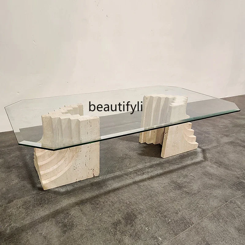 Modern simple tempered glass coffee table living room creative art square natural travertine marble tea table