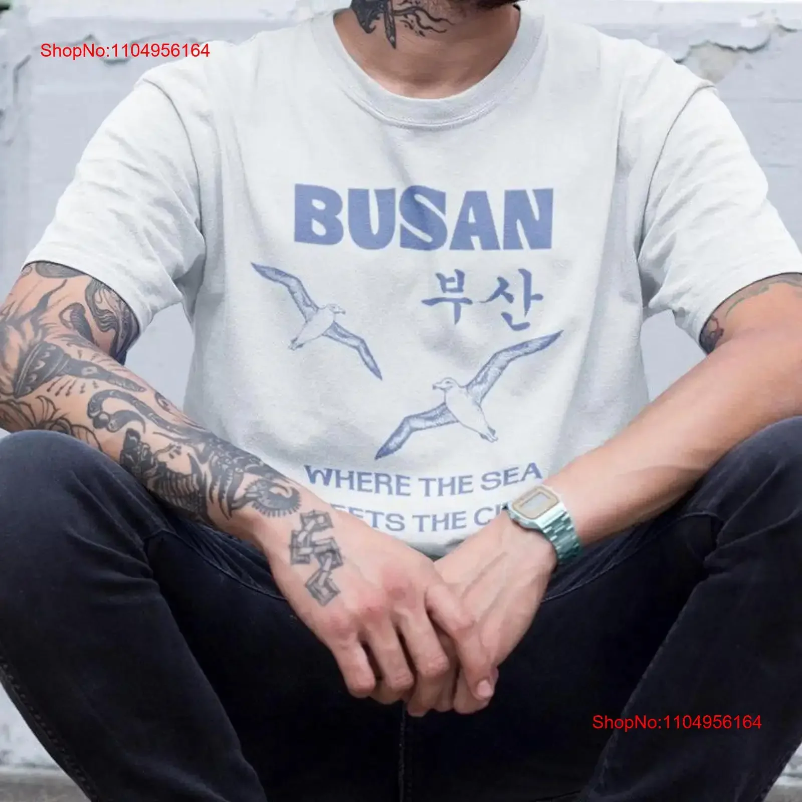 Korea Busan T Shirt Seagull korean outfits mens fashion unisex shirts 90s ocean streetwear vintage Washed Unisex Soft Casual