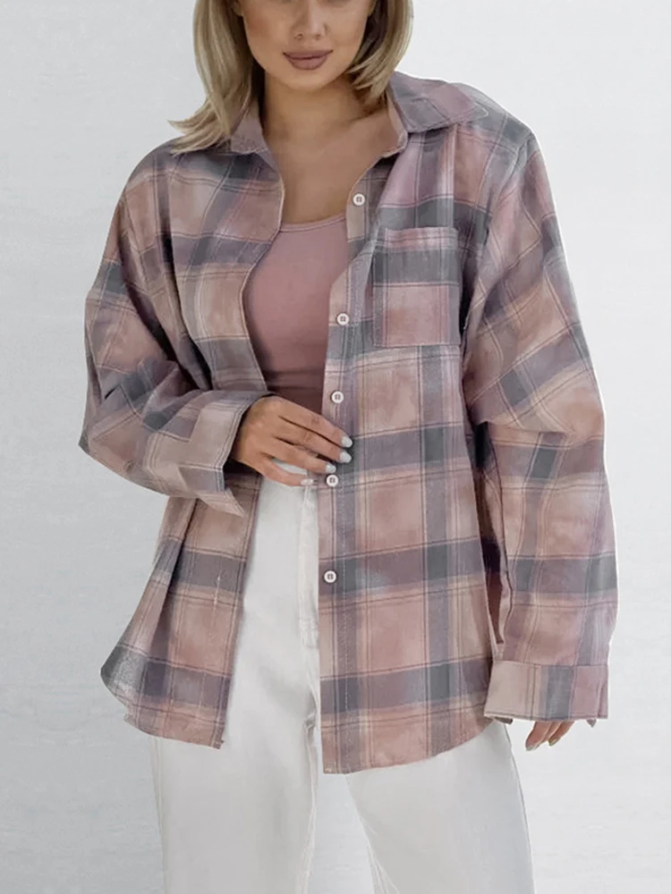 

Aynaray 2024 Women Autumn Winter Long Sleeve Vintage Plaid Shirt Pink Oversized Loose Fit Blouse Female