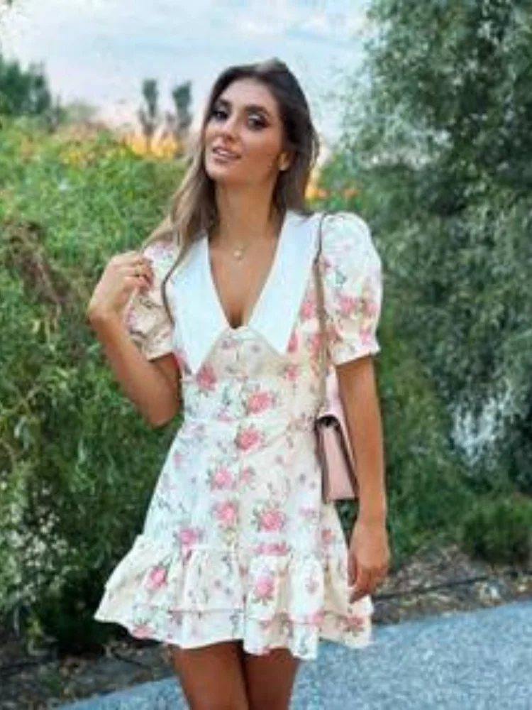 

2025 Women Chic Floral Puff Sleeve Dresses Elegant Wrap Waist V Neck Summer Gowns Fashion Lady Lace Up Ruffled Casual Vestidos