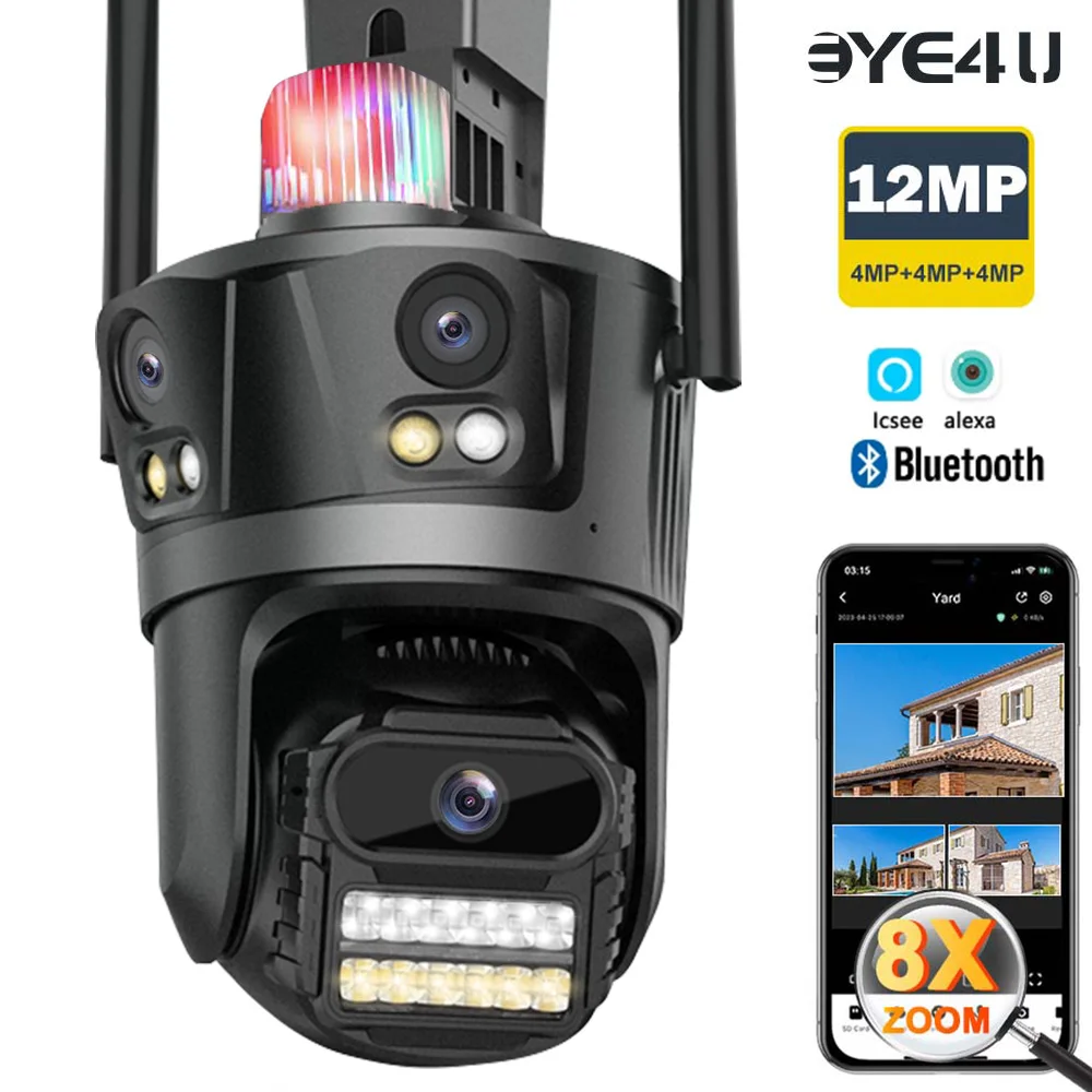

12MP Triple Lens Camera Outdoor 6K 8X Zoom Three Screens Security Cam Auto Tracking Smart Home Video Surveillance Webcam iCSee
