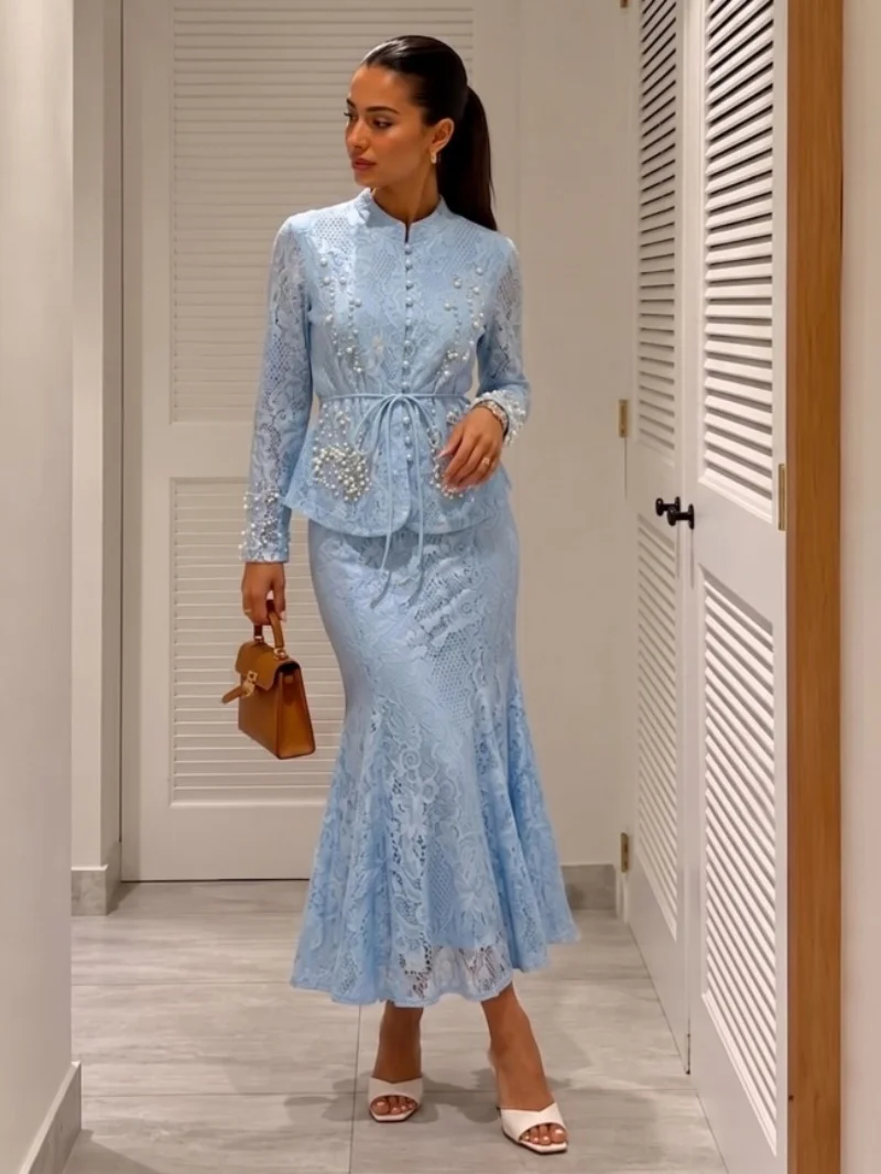 Elegante Stickerei-Spitzen-2-Teiler-Sets Damen-Outfit Herbstkleidung Damen 2026 Langarm-Oberteil Meerjungfrauenrock-Anzug 2-teilige Kleidungssets