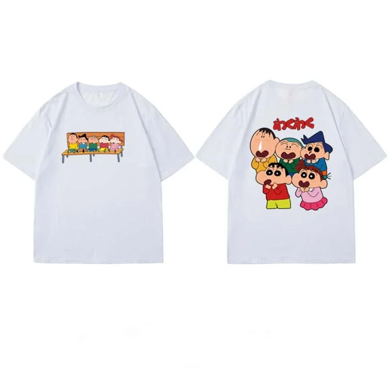 Crayon Shin Chan Kasukabe Defense Force Double Sided Print T Shirt Men Women Oversized Cute Cartoon Short Sleeve Casual Tee
