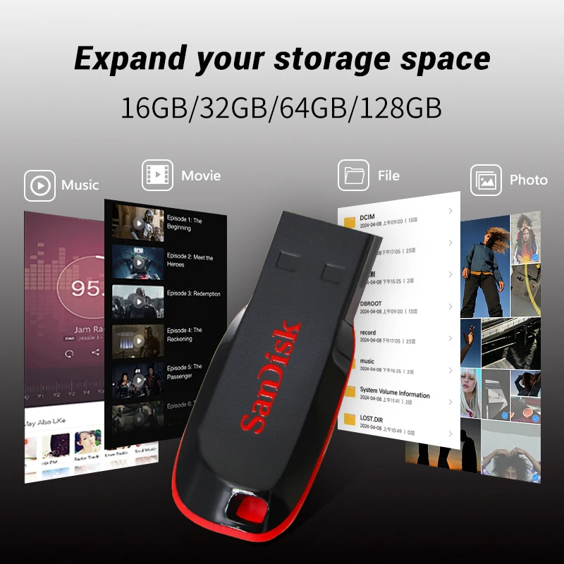 SanDisk USB 2.0 Flash Drive 16GB 32GB 64GB 128GB Original Cruzer Blade Pen Drive for Computer