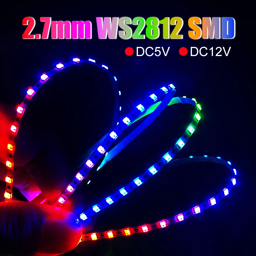 WS2812B 2.7mm Ultra Narrow LED Strip DC5V DV12V WS2812 Dream Color Individually Addressable 160Leds/m 2020SMD Samrt Pixel Light