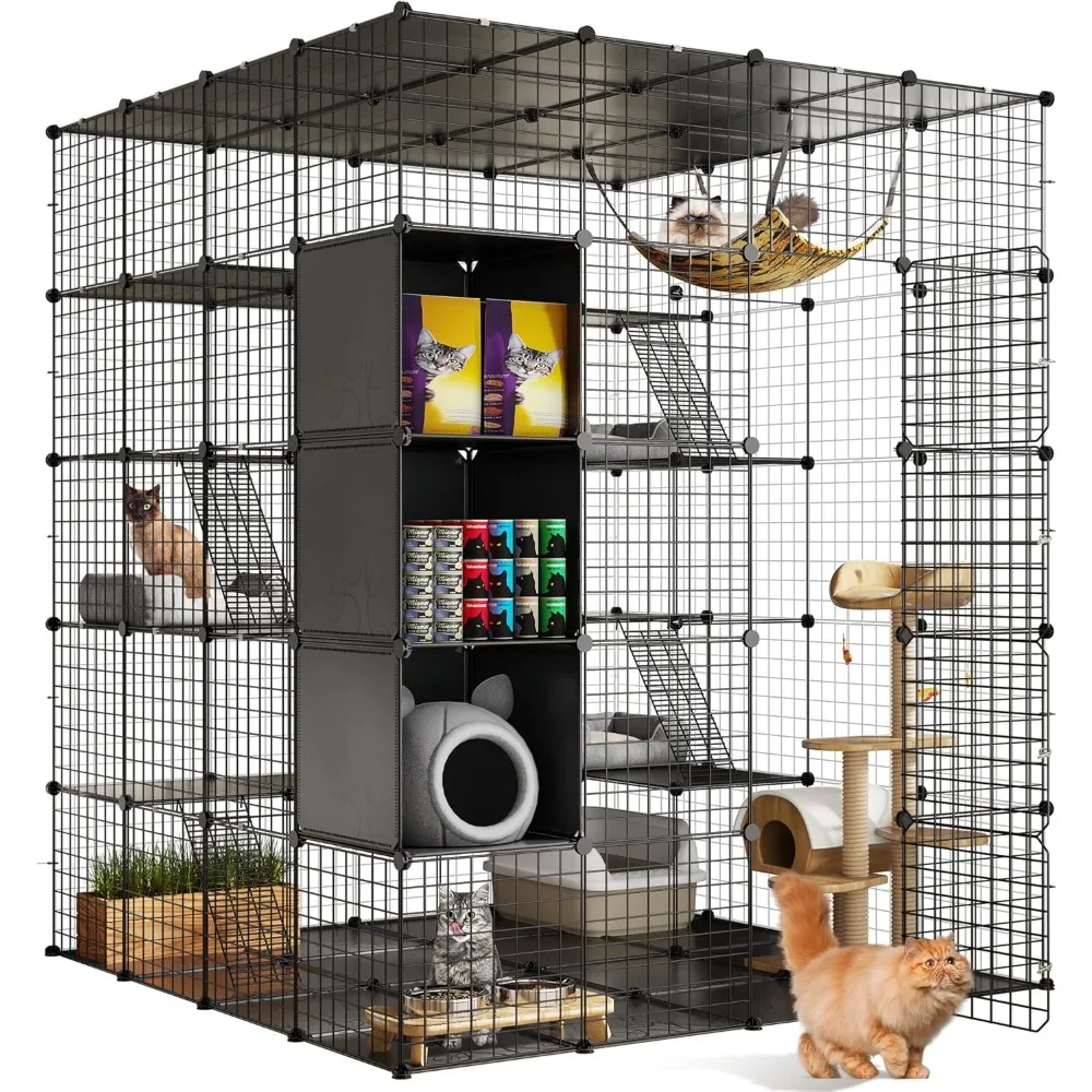 Cat Cage Indoor Large with Storage Cube DIY Outdoor Cat Enclosures Metal Cat Playpen with Hammock Platforms