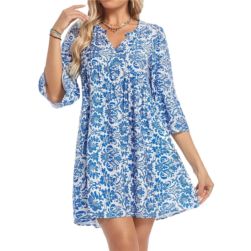 FX-Damen-Sommer-Boho-Kleid 2025, lässig, V-Ausschnitt, Babydoll, Rüschenärmel, Blumenmuster, Mini-Tunika, zierliches Sommerkleid