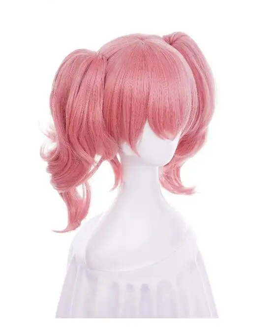 Wig Cosplay Chip ekor kuda Pink pendek rambut sintetis keriting