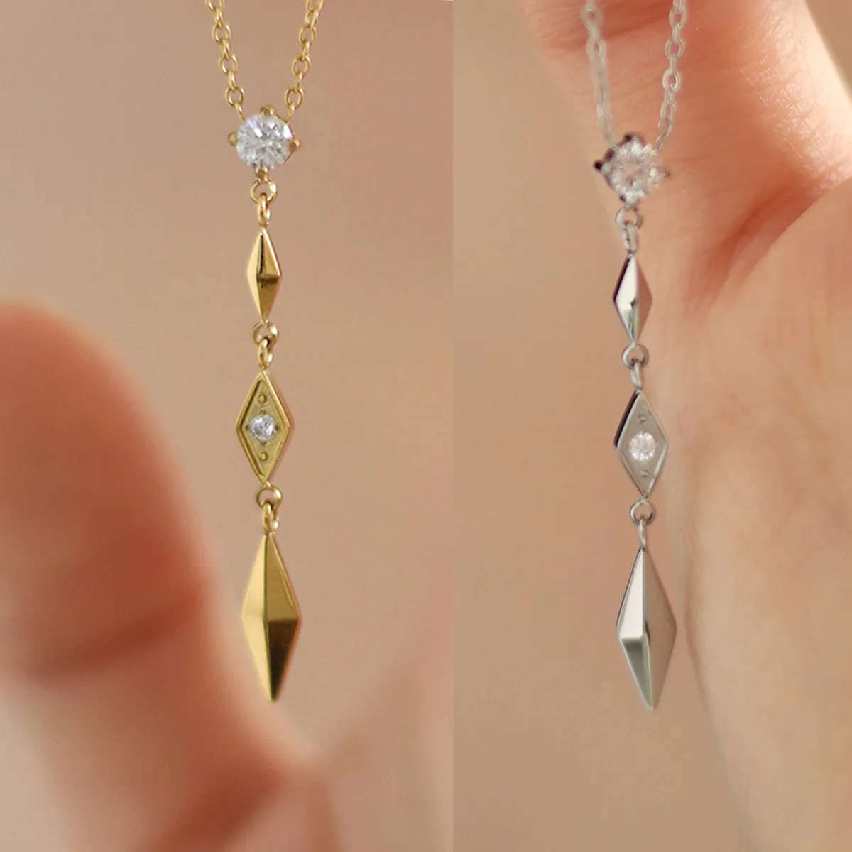 Stainless Steel 18K Gold Plated Rhombus Triangle Pendant with Cubic Zirconia | Dainty Lariat Style Jewelry for Women