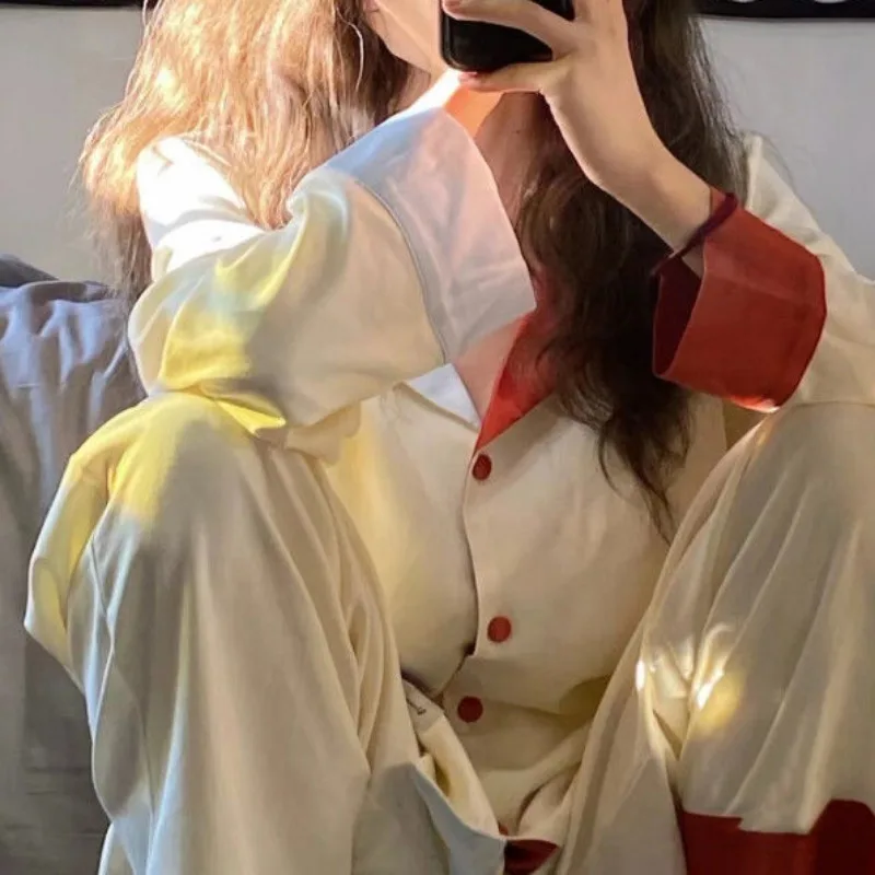 2024 Korean Version Color Matching Pajamas Women Spring Long Sleeve Pyjamas Lapel Breasted Home Wear Set Casual Loose Sleepwear