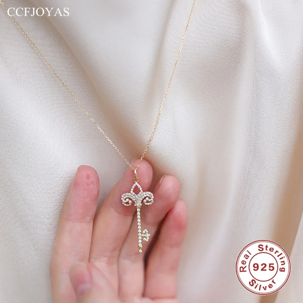 

CCFJOYAS Real S925 Sterling Silver Key-Shaped Zircon Pendant Necklace Simple INS Women Sweater Chain Party Jewelry Accessories