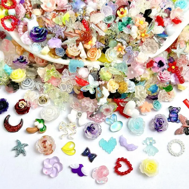 Randomly Mixed 3D Resin Sweet Bow Flower Nail Art Charms Cute Cartoon Bear Crescent Moon Nail Art Decorations Accessories DIY