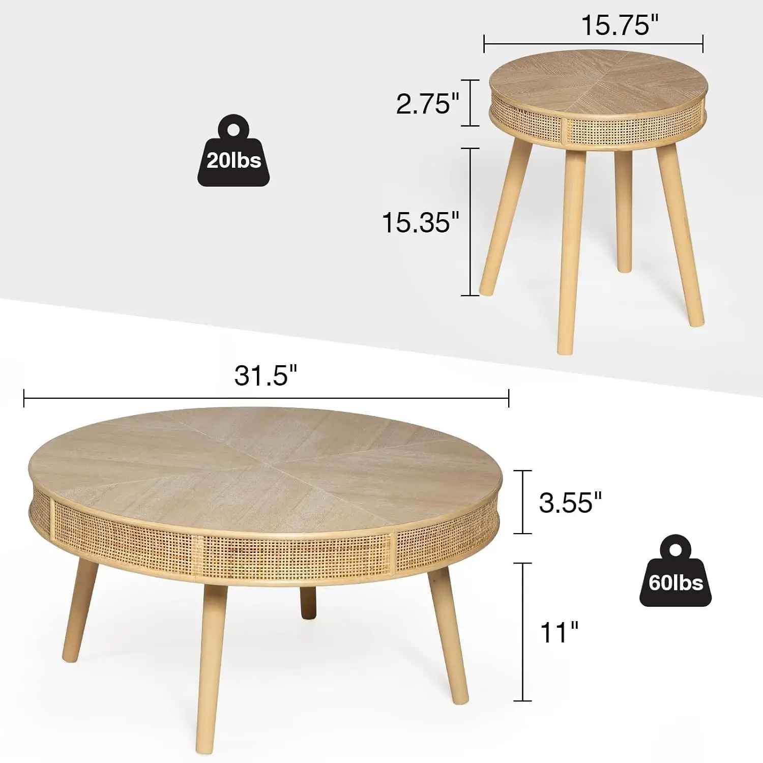 Round Coffee Table Set Handmade Rattan Nesting 2 Pack Living Room Rustic Decor, Customized