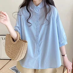 Summer New POLO Collar Solid Color Shirt Women High Street Casual Loose Button Three Quarter Cardigan Elegant Pure Cotton Tops