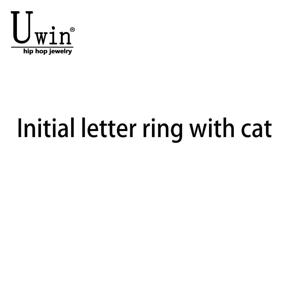 Uwin Cursive Initial Letter Rings Opend CZ Kawaii Cat Ring Full Iced Out Hiphop Jewelry Luxury Gift For Men Women