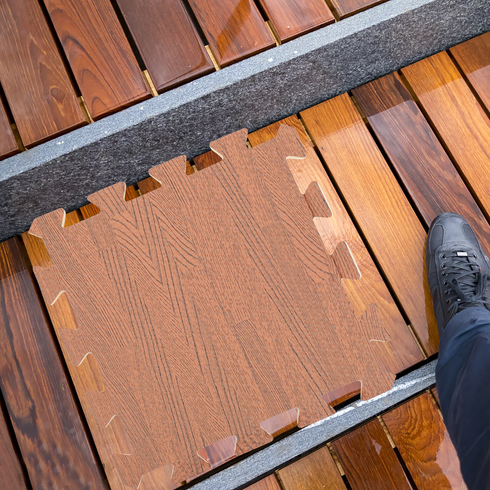 12Pcs Wood Grain Floor Mats Interlocking Puzzle Tiles Non-Slip Soft Cushioning for Indoor Living Room Bedroom Gym