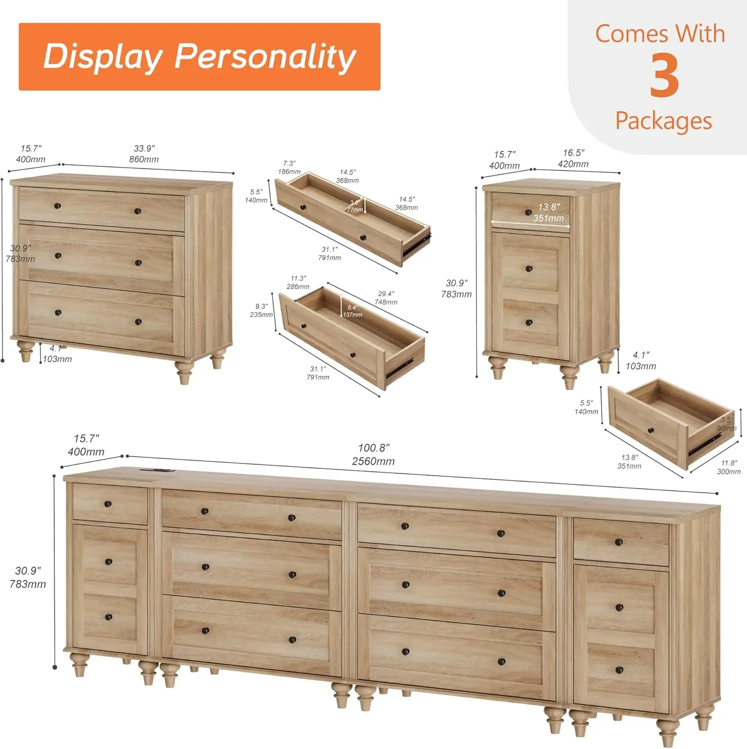 Wampat Dresser For Bedroom With 8 Drawers And 2 Storages, Nightstands With Charging Station For Living Room, Oak Kids Dressers