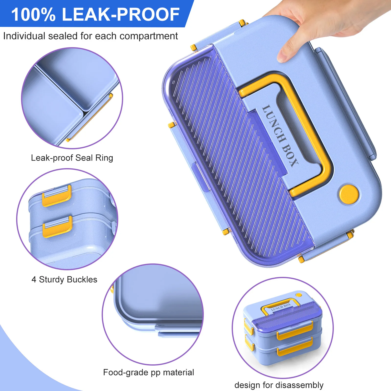 صندوق غداء بينتو قابل للتكديس للأطفال البالغين، حاويات تخزين الطعام المقاومة للتسرب سعة 2150 مل لتناول الطعام والعمل والنزهة والمدرسة #3