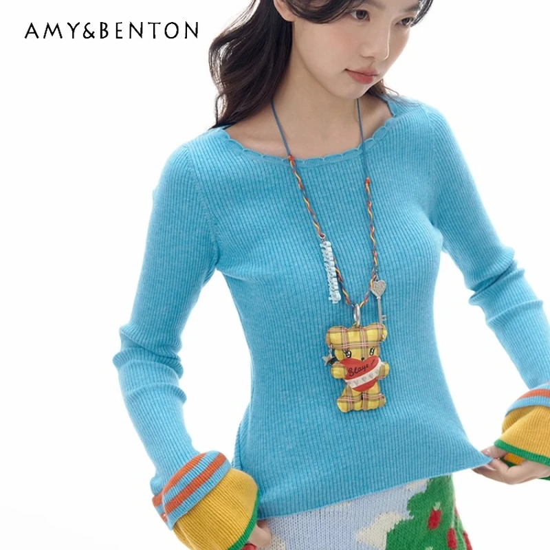 Outono inverno novo azul emenda listrado manga alargada renda camisola feminina design original retro lã malha pulôver senhoras