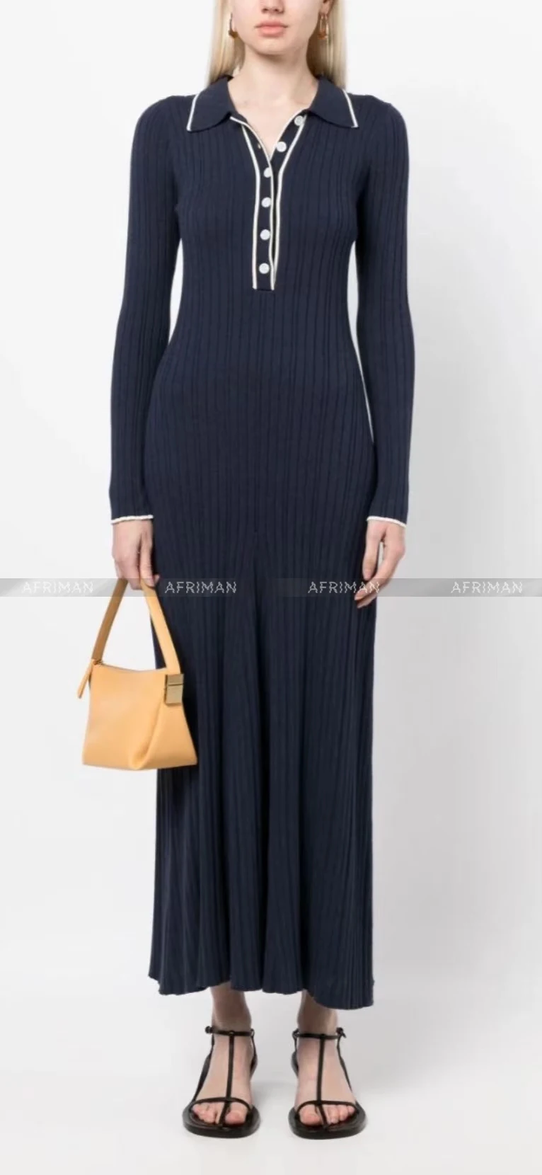 Women Polo Collar Color Patchwork Threaded Knitted Long Dress