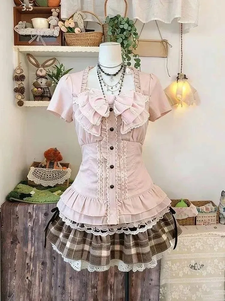 Harajuku Vintage Fashion 3 Piece Set Woman Korean Style Suit Short Cardigan + Slim Vest + Y2k E-Girl High Waist Skirt Hot Girls