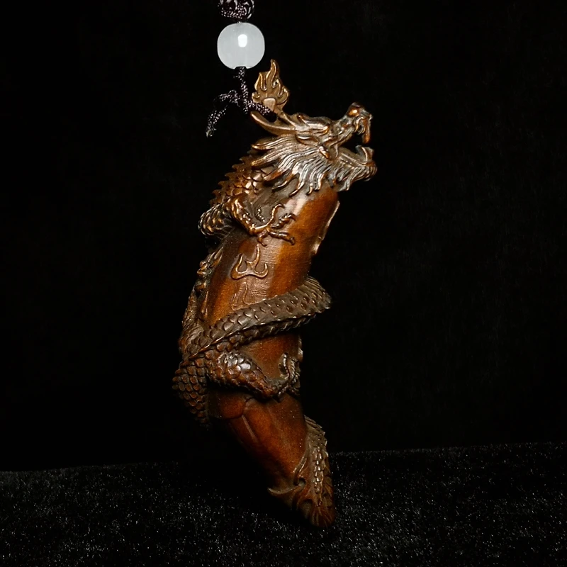 1919 Antique art Size 2.9 Inch Old Chinese Boxwood Wood Hand carved Dragon loong Figure statue Netsuke Gift Collection