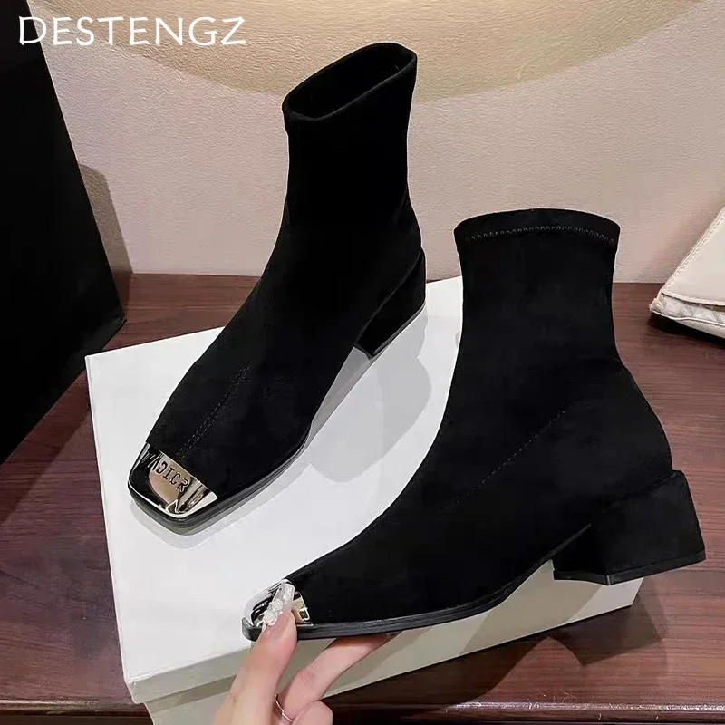 Suede Woman Ankle Boots Mid Heels Fashion Square Toe Winter Shoes Women 2024 Trend Snow Boots Brand Elegant Pumps Mujer Zapatos