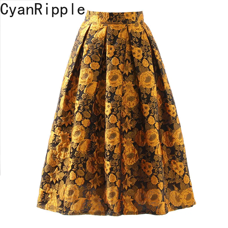 

Высококачественная золотая винтажная юбка с вышивкой и жаккардовым узором, с завышенной талией, пышная, универсальная, новая коллекция весна-лето, средней длины, элегантная, А-силуэт