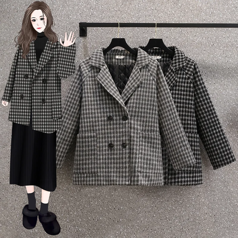 Kurtka Plus Size Casual Loose Thickened Warm Plaid Tailored Coats Jesień Zima Modne Dojazdy Wszechstronne Odzież Damska