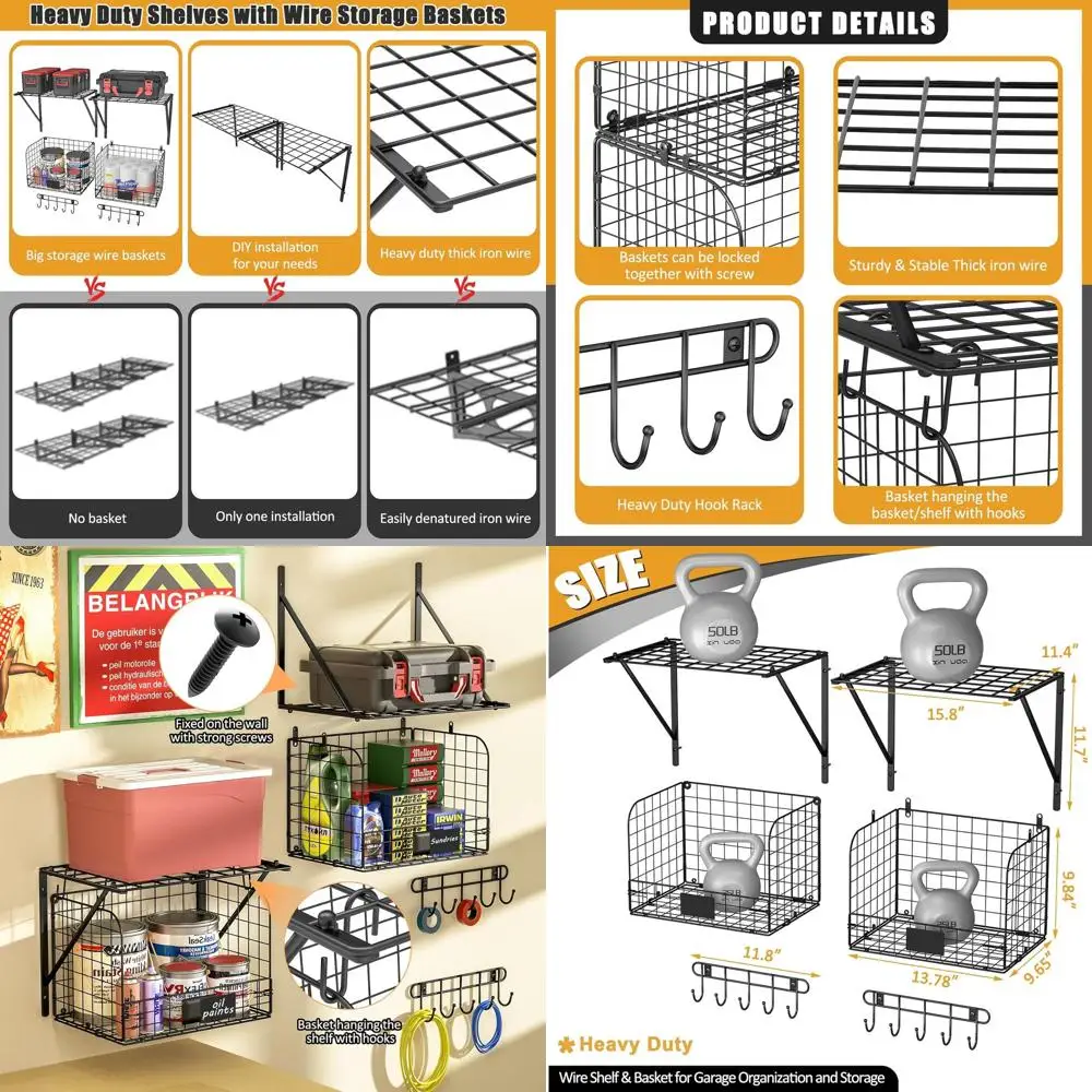

Durable 2-Tier Wall-Mounted Garage Shelves with Wire Baskets and Hooks for Efficient Storage and Organization
