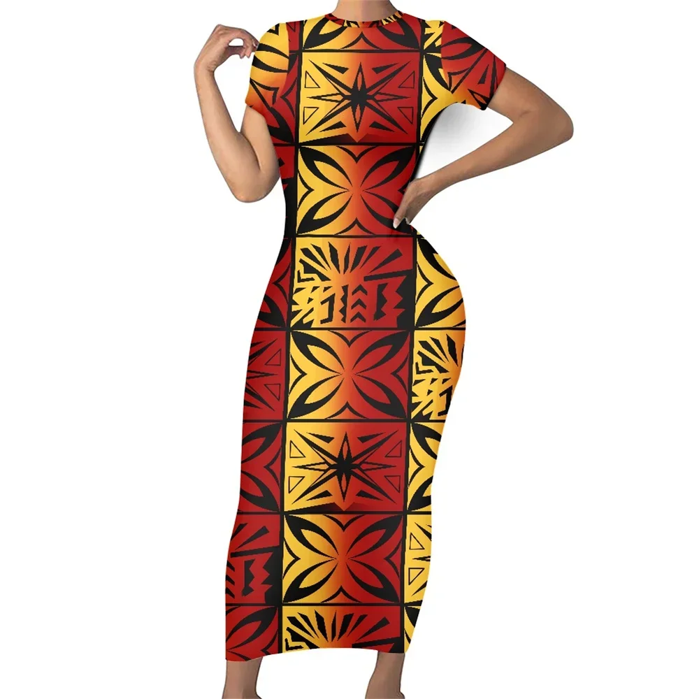 Wholesale Price Lady Casual Dress Polynesian Samoa Traditional Flower Tribal Print Club Dress O-neck Bodycon Custom Long Dresses