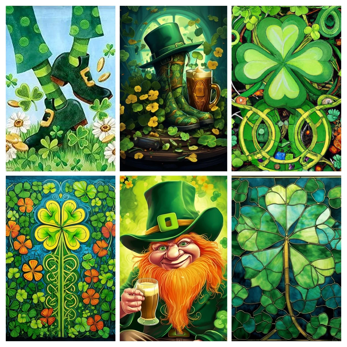 St Patricks Day DIY ภาพวาดเพชร, Four Leaf Clover ภาพวาด, Shamrock Holiday Green Spring Art, ไอริช St Pattys Day Art