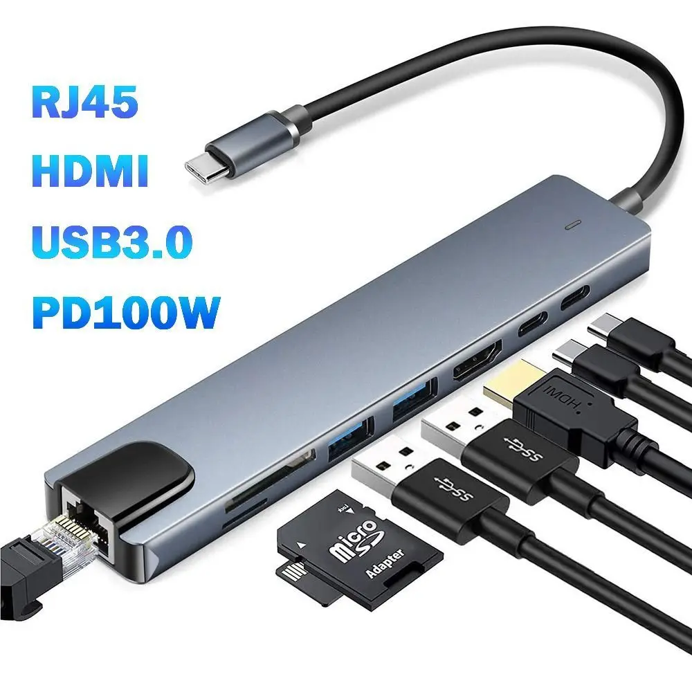 

RJ45 100mbps USB C HUB 4K HDMI PD Fast Charge 8 in1 Adapter Aluminum Case SD/TF Card Reader Multiport Adapter For MacBook Pro