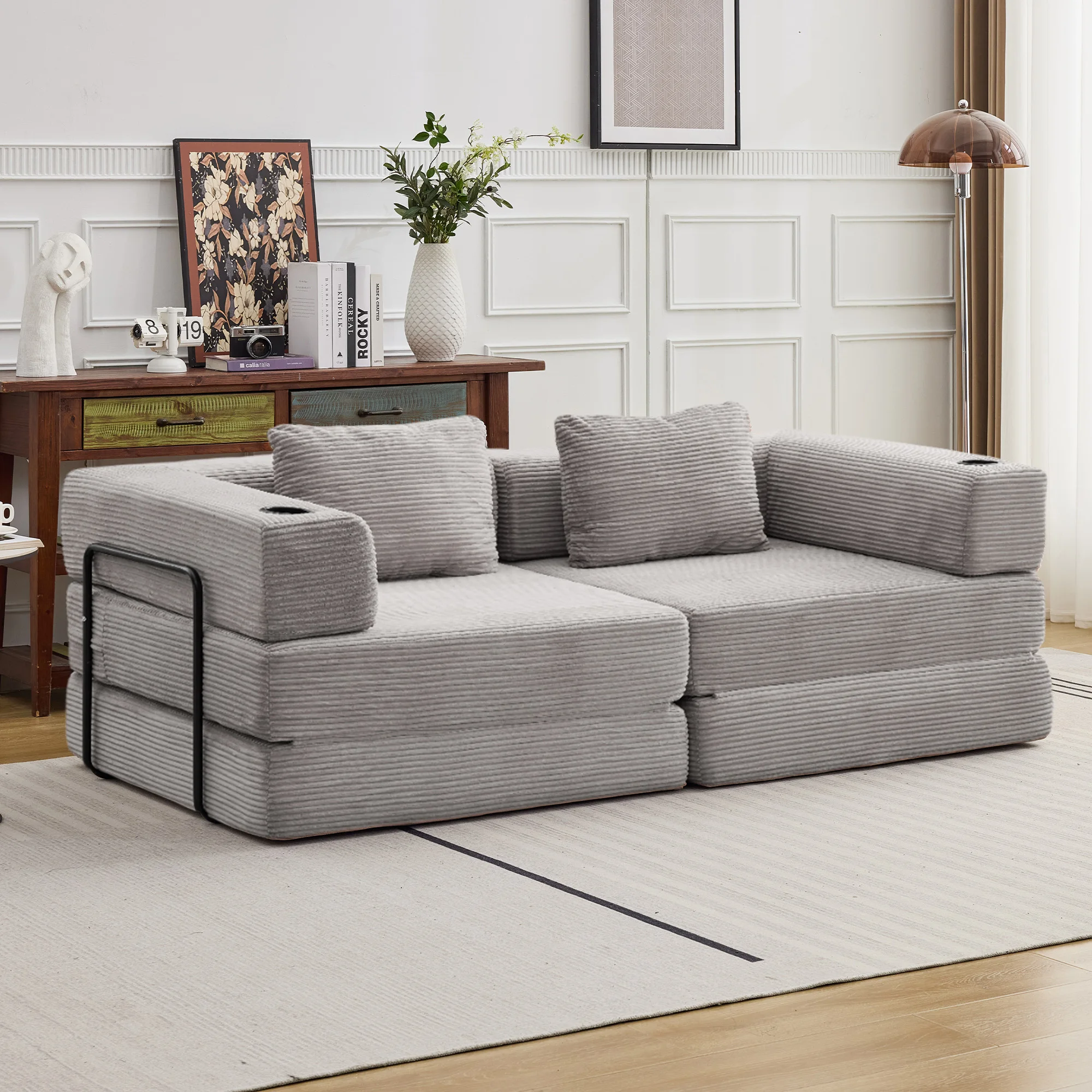 2-Sitzer Schlafsofa, Graues Konvertierbares Cord-Bodensofa Ohne Montagebedarf, Modulares Schlafsofa Weiches Loveseat-Sofa für Wohnzimmer