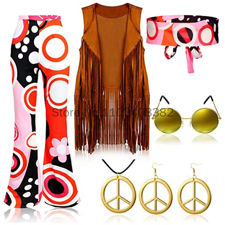 Disfraz Hippie para mujer, conjunto de ropa para carnaval de los años 70, accesorios de seis piezas, chaleco con borlas, pantalones y Diadema, novedad de verano 2024