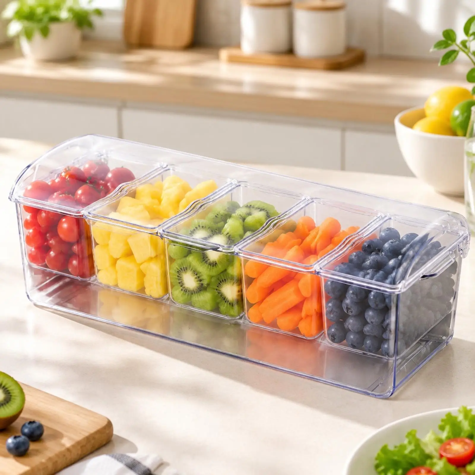 Rectangular PET Container with Dividers for Food Storage Box with Secure Lid for Kitchen and Freezer