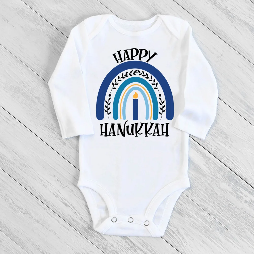 Happy Hanukkah Rainbow Printed Baby Bodysuit Chanukah Newborn Outfit Jewish Holiday Infant Clothes Toddler Long Sleeve Romper